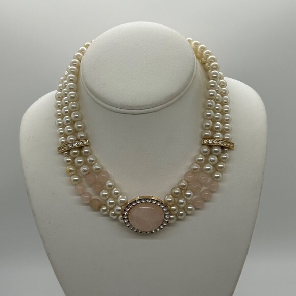 Vintage Faux Pearl & Rose Quartz Triple-Strand Necklace With Rhinestone Accents - Picture 2 of 16